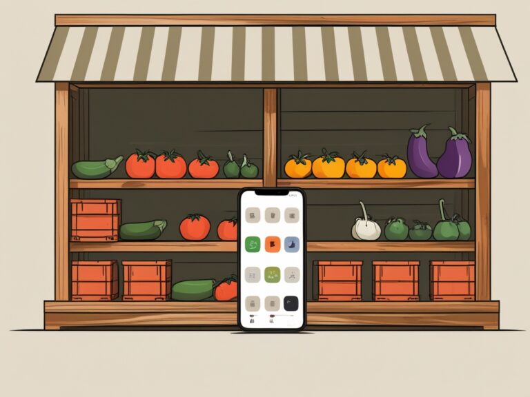 木製の屋根付き直売スタンドの棚に並ぶ野菜の木箱と、その前に立てかけられたスマートフォンを描いたアースカラーのフラットイラスト