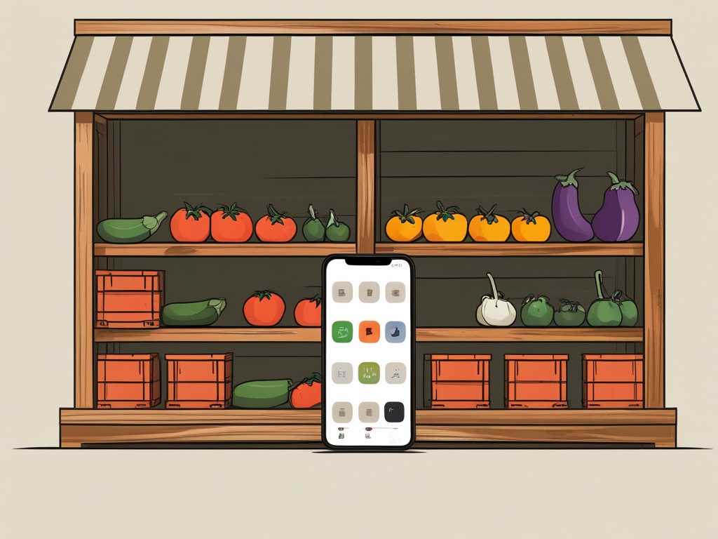 木製の屋根付き直売スタンドの棚に並ぶ野菜の木箱と、その前に立てかけられたスマートフォンを描いたアースカラーのフラットイラスト