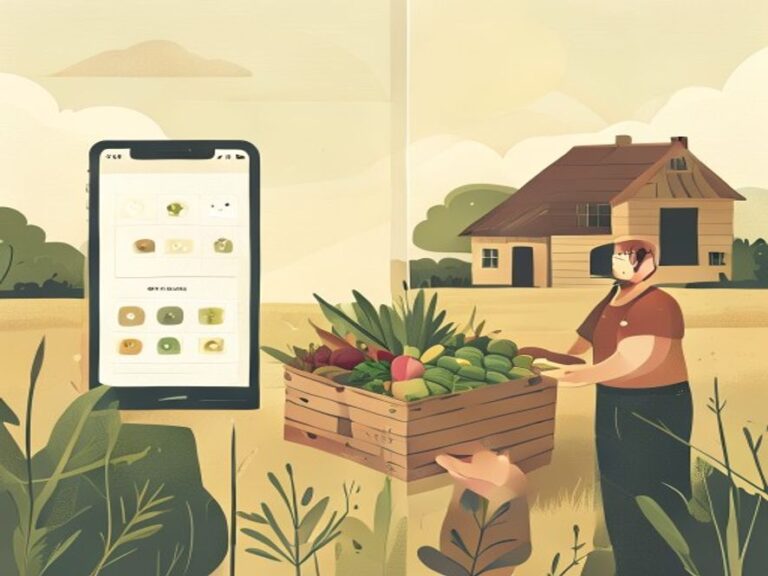 スマートフォンの通販アプリ画面と、農家がお客さんの家に直接野菜を届ける様子を対比させたアースカラーのフラットイラスト