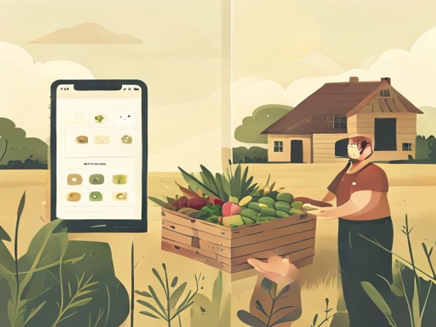 スマートフォンの通販アプリ画面と、農家がお客さんの家に直接野菜を届ける様子を対比させたアースカラーのフラットイラスト